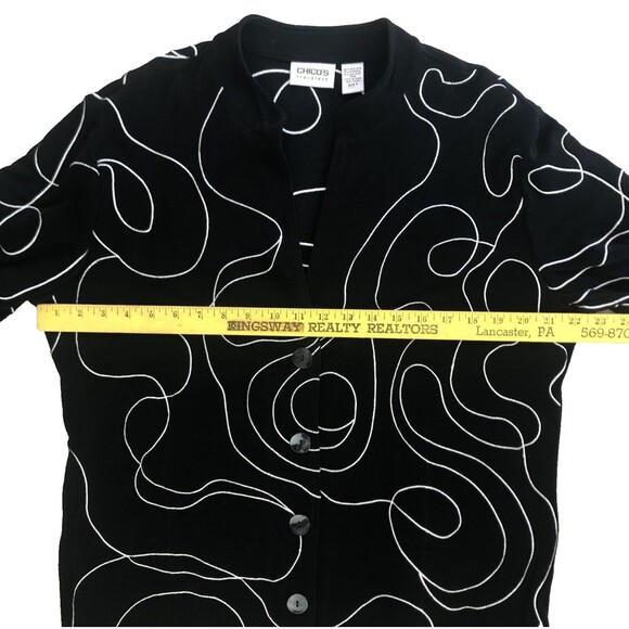 Chicos Travelers Jacket Womens Sz 3 XL Button Front Black White Embroidery Art - Picture 11 of 14